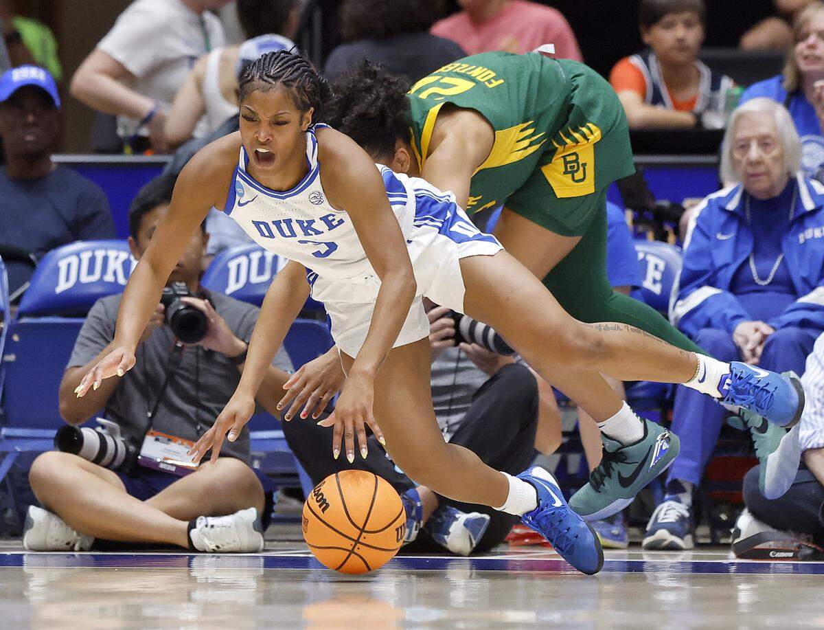 Duke’s Ashlon Jackson and Baylor’s Bella Fontleroy collide during the first half of the Blue Devils’ 69-46 second-round NCAA Tournament win on Sunday, March 22, 2026, at Cameron Indoor Stadium in Durham, N.C.
