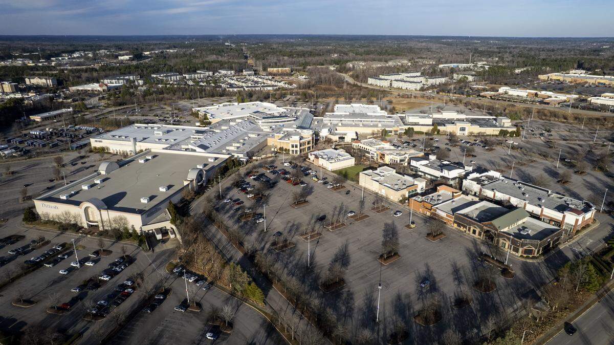 An aerial view of the 70-acre Triangle Town Center in Raleigh on Tuesday, Jan. 13, 2026. The mall opened in 2002 and initially featured anchor stores Sears, Hudson Belk, Dillard’s and Hecht’s.