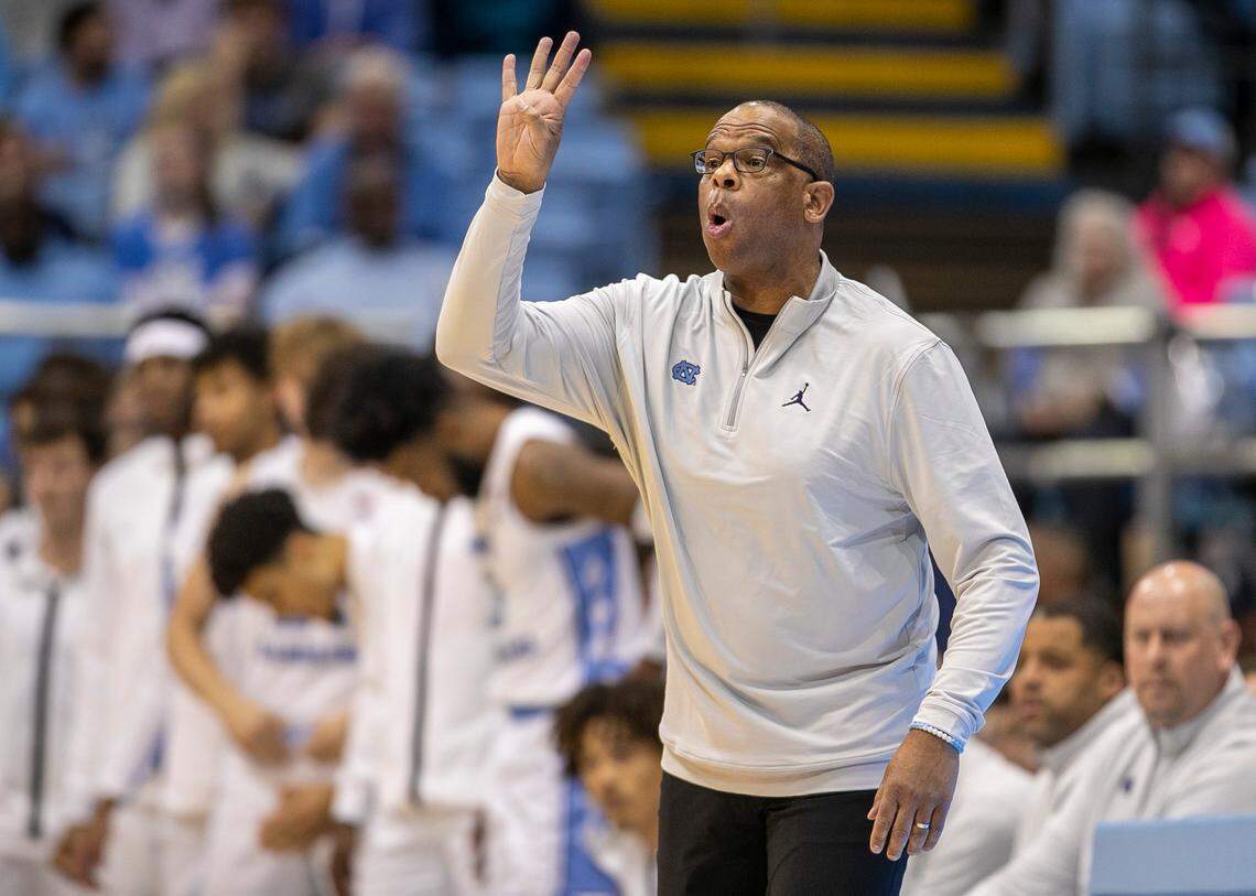 North Carolina coach Hubert Davis directs his team on offense during the first half against Gardner Webb on Tuesday, November 15, 2022 at the Smith Center in Chapel Hill, N.C.