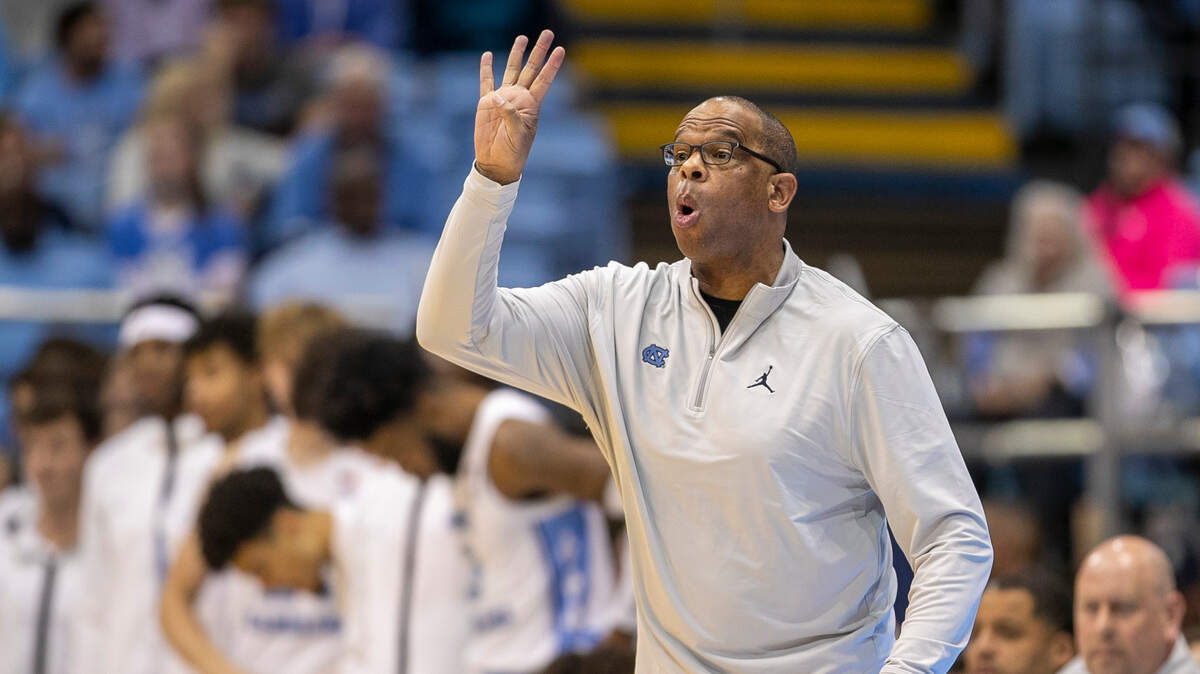 North Carolina coach Hubert Davis directs his team on offense during the first half against Gardner Webb on Tuesday, November 15, 2022 at the Smith Center in Chapel Hill, N.C.