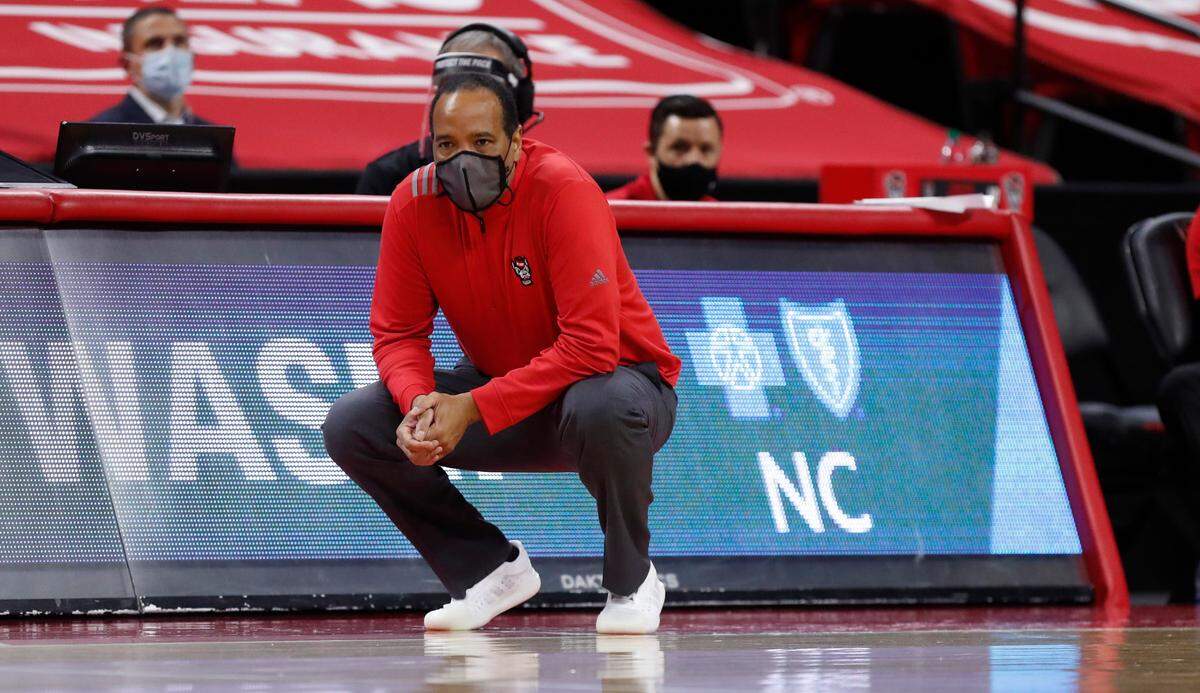 N.C. State’s head coach Kevin Keatts watches during the first half of N.C. State’s game against Syracuse at PNC Arena in Raleigh, N.C., Tuesday, February 9, 2021.