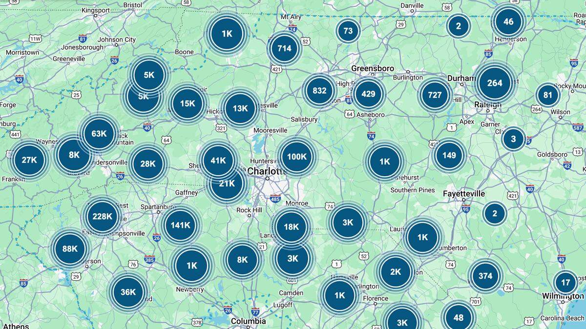 Duke Energy’s power outage map shows hundreds of thousands without power in the Carolinas Friday morning as Helene moves into the area.