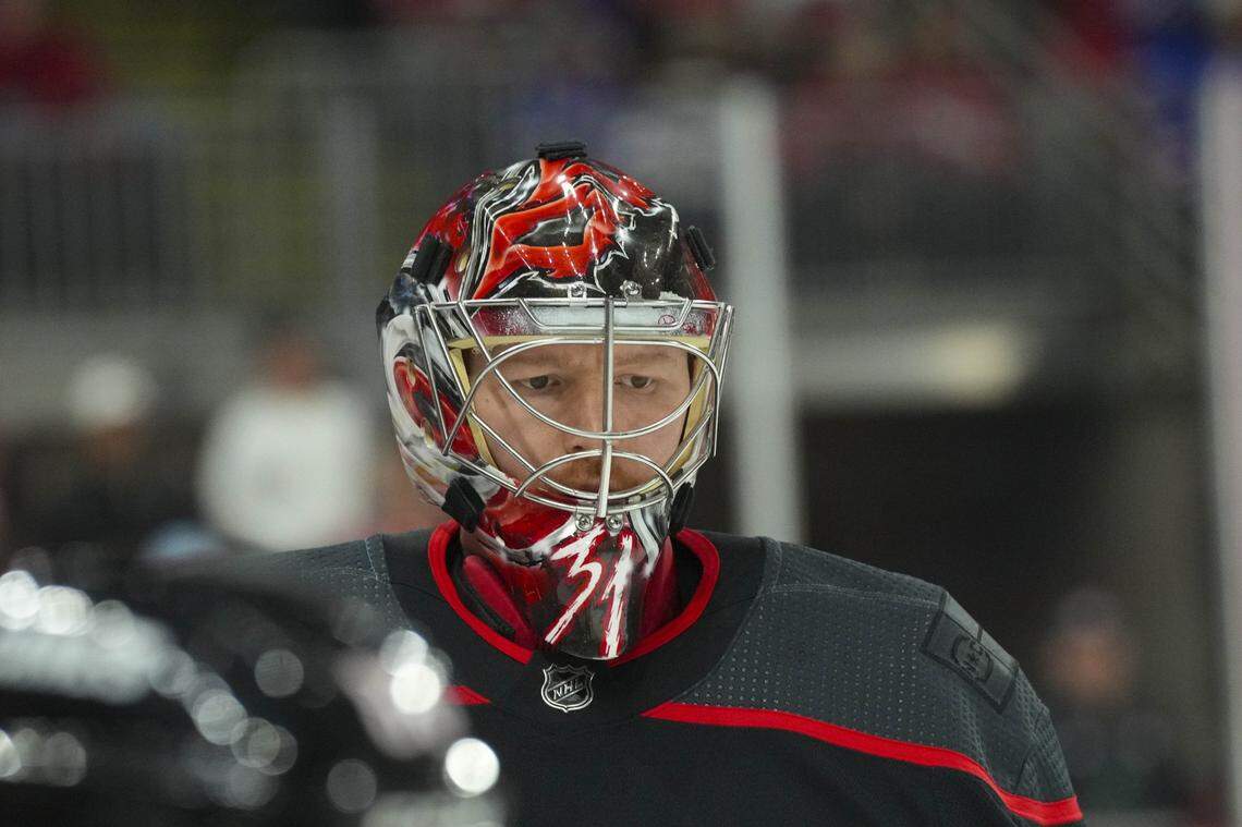 Feb 11, 2023; Raleigh, North Carolina, USA;  Carolina Hurricanes goaltender Frederik Andersen (31) looks on during warmups before a game against the New York Rangers at PNC Arena. Mandatory Credit: James Guillory-USA TODAY Sports