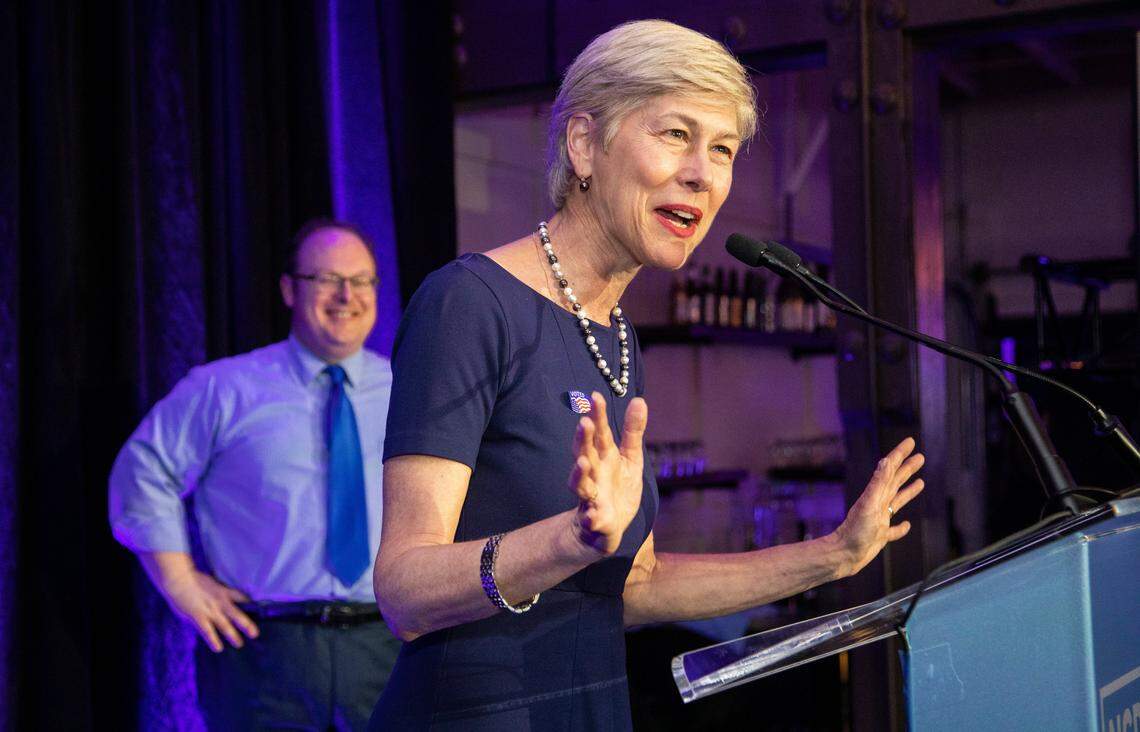 Deborah Ross, Democratic candidate, for U.S. House N.C. District. 2, speaks during a North Carolina Democratic Party primary election watch party at Traine Raleigh Tuesday, March 3, 2020.