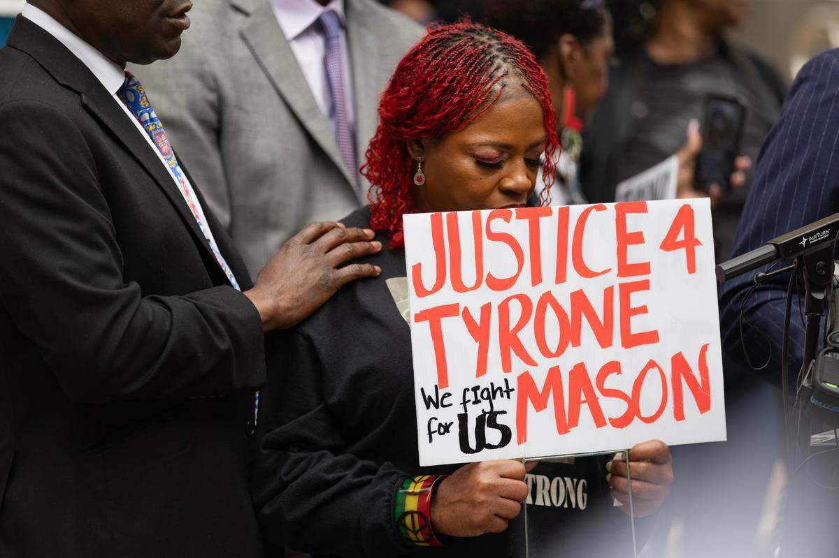 Henrietta Mason, mother of Tyrone Mason who was killed in a car crash in October 2024, pauses during a rally outside the Wake County Courthouse in Raleigh, N.C. on Thursday, May 29, 2025. Activists, lawyers and family members condemned Wake District Attorney Lorrin Freeman for failing to prosecute any officers for the cover-up and failure to investigate Tyrone Mason’s fatal car crash.