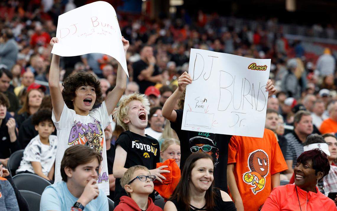 Fans cheer on the Wolfpack during N.C. State’s practice at State Farm Stadium in Glendale, Ariz., Friday, April 5, 2024. The Wolfpack will face Purdue in the NCAA Tournament national semifinals Saturday.