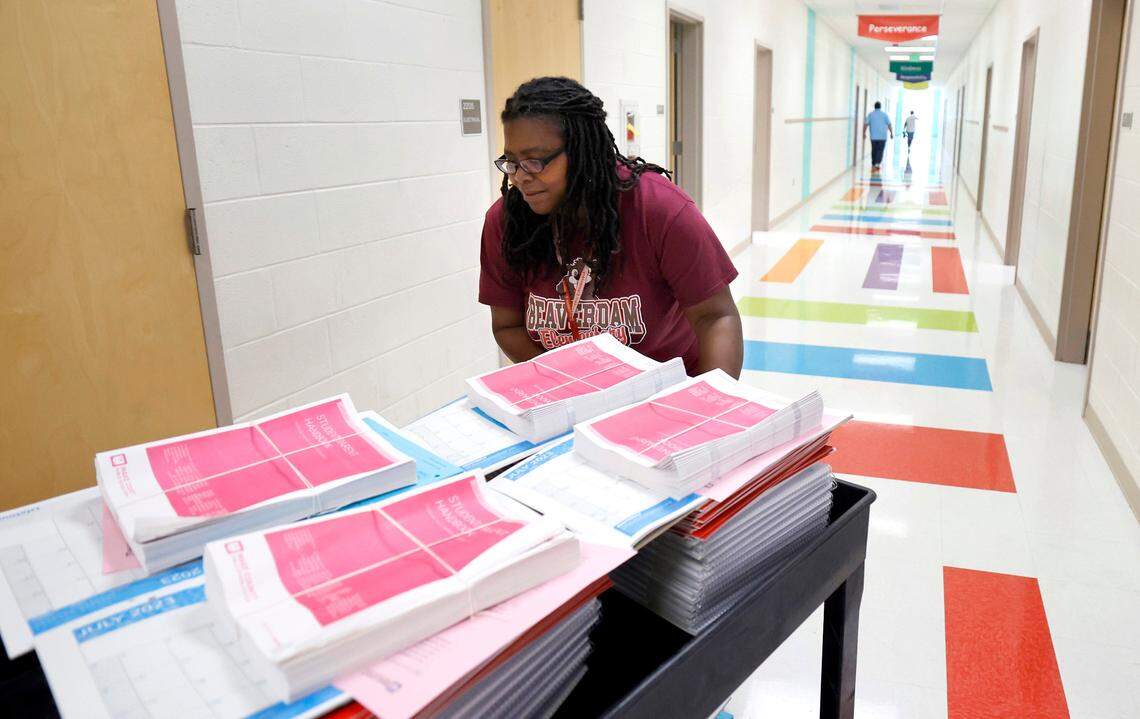 Fourth-grade teacher and team leader Yvonne Raeford brings supplies for fellow fourth-grade teachers at Beaverdam Elementary School in Raleigh, N.C., Wednesday, August 23, 2023.