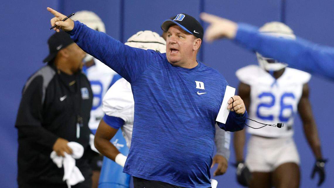 Duke head coach Mike Elko instructs his team during the Blue Devils first practice of fall camp in Durham. N.C. Tuesday, August 2, 2022.