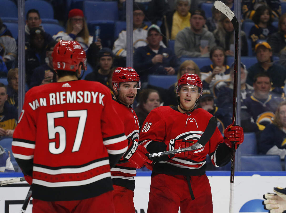 Carolina Hurricanes forward Teuvo Teravainen (86) celebrates his goal with teammates during the second period of an NHL hockey game against the Buffalo Sabres, Thursday, Feb. 7, 2019, in Buffalo N.Y. (AP Photo/Jeffrey T. Barnes)