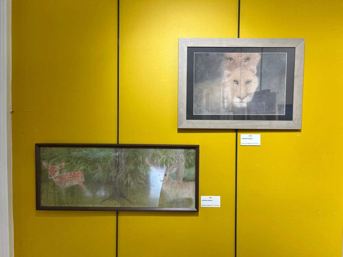 “Deer” (left) and “Lions” (right), two pieces by Michael Fullwood, are displayed during the Something to Say art exhibit at Margaret Lane Gallery in Hillsborough from July 27 to Aug. 21, 2022. The exhibit features visual artwork and poetry by incarcerated men at Orange Correctional Center and other prisons throughout the state.