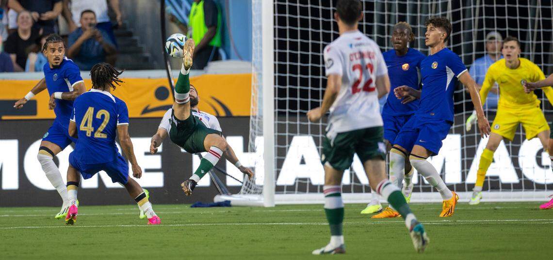 Chelsea’s Elliot Lee (38) tries to score with a bicycle kick against Wrexham in the first half during the FC Series game on Wednesday, July 19, 2023 in Chapel Hill, N.C.