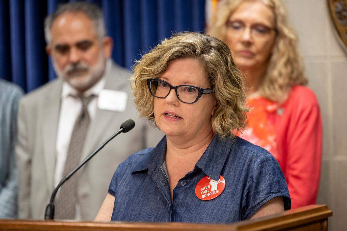 Teresa Jones of the Wake County PTA Council speaks during a press conference at the State Legislative Building on Monday, Aug 14, 2023. House Democrats, joined by school board members and parents, held news conferences across the state Monday to raise concerns about the lack of a state budget and GOP budget plans.