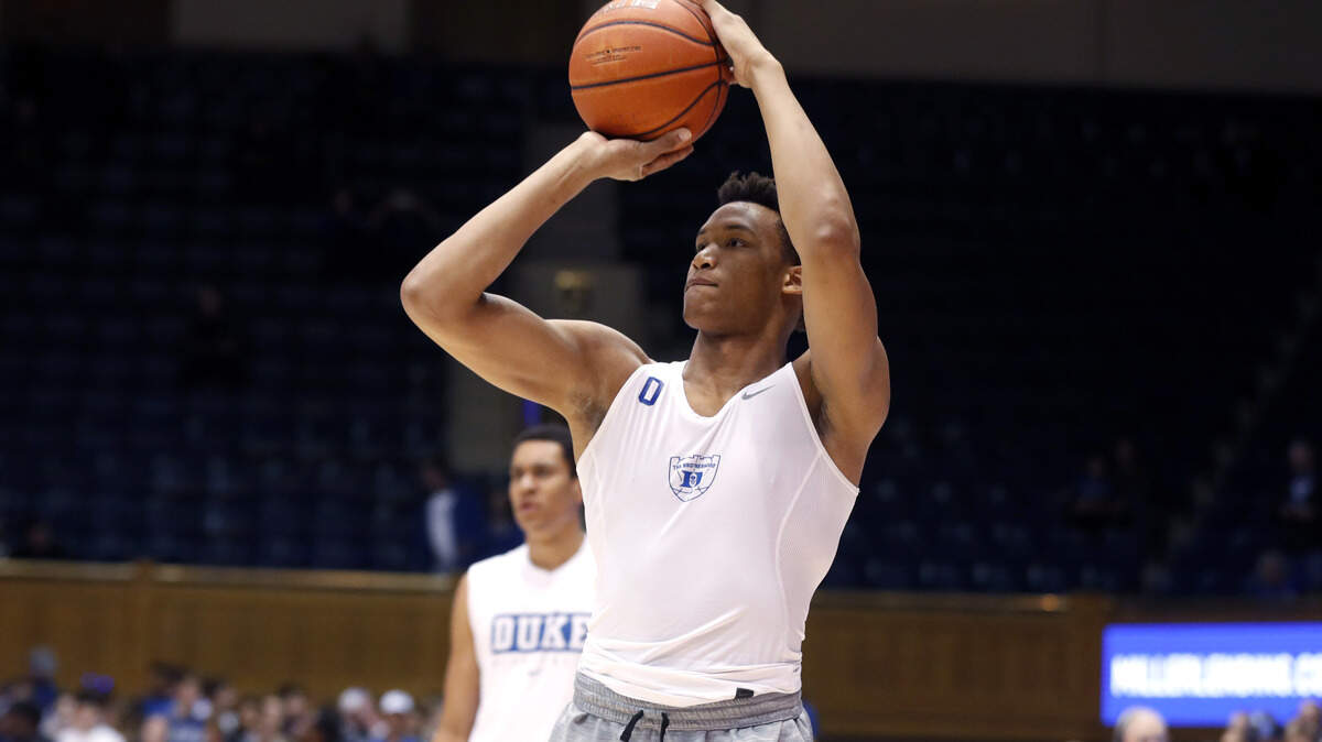 Duke’s Wendell Moore Jr. (0) warms up before Duke’s game against Pittsburgh at Cameron Indoor Stadium in Durham, N.C., Tuesday, Jan. 28, 2020.