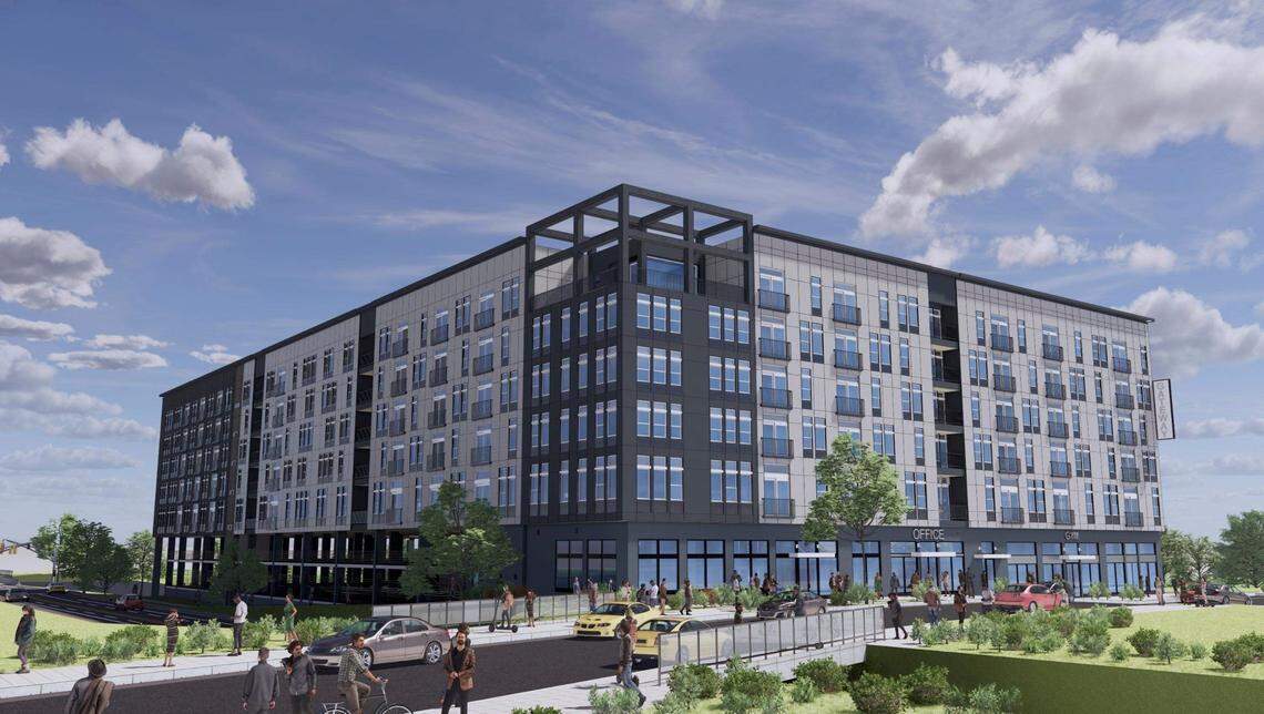 A rendering of 7-story apartment complex currently under construction at 121 Kindley St.