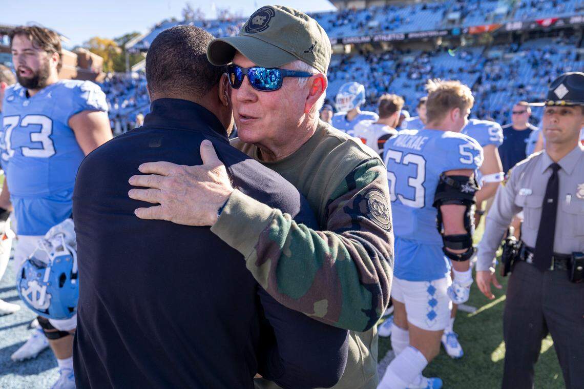 Campbell coach Mike Minter congratulates North Carolina coach Mack Brown following the Tar Heels’ 59-7 victory on Saturday, November 4. 2023 at Kenan Stadium in Chapel Hill, N.C.