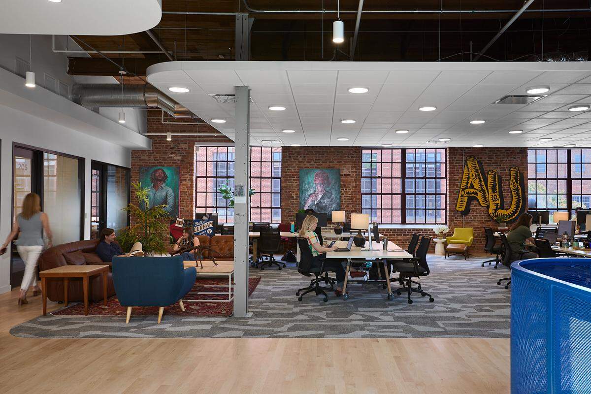 American Underground’s newly renovated upstairs co-working space at American Tobacco Campus in Durham.