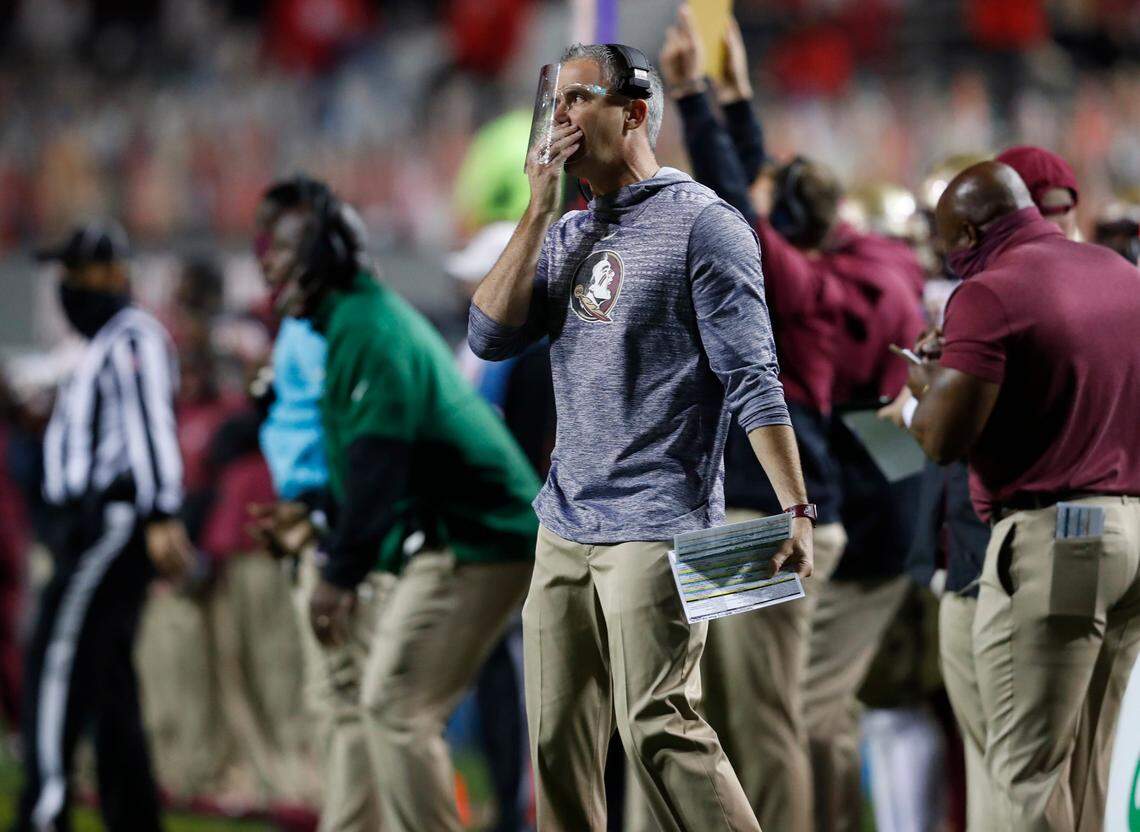 Florida State head coach Mike Norvell watches during the first half of N.C. State’s game against Florida State at Carter-Finley Stadium in Raleigh, N.C., Saturday, Nov. 14, 2020.