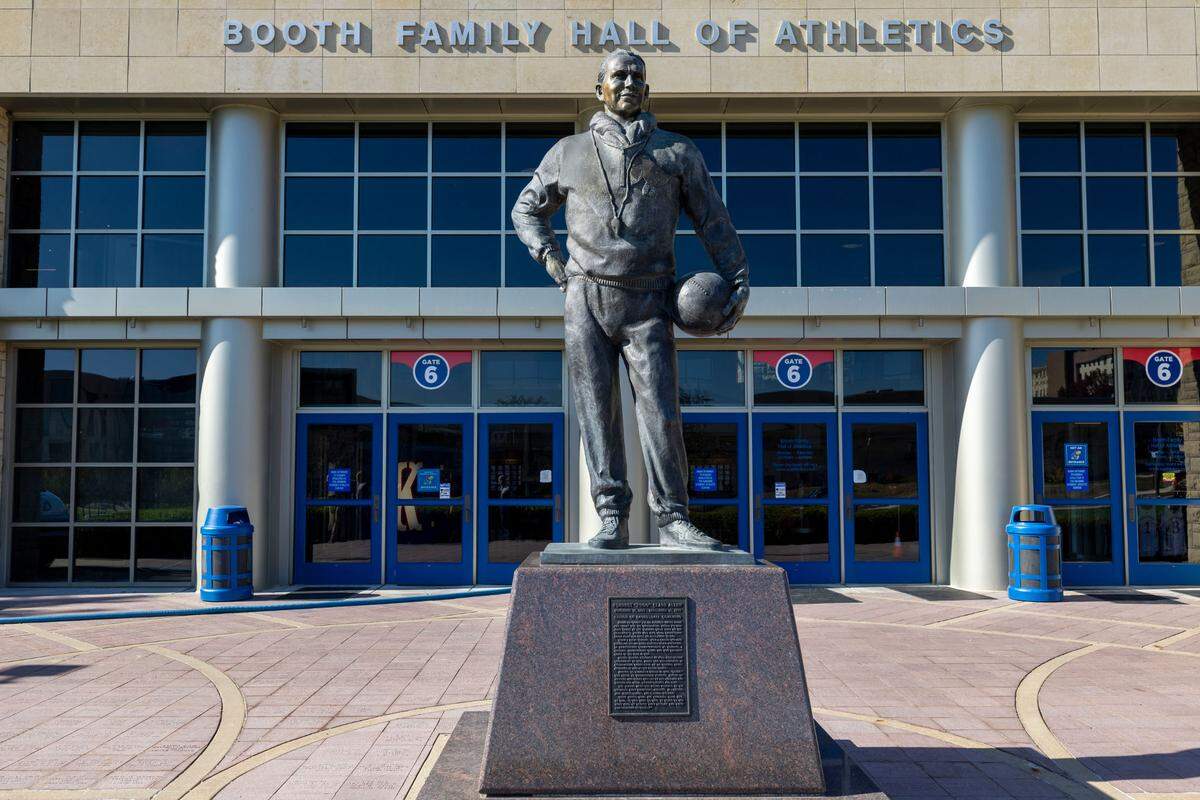 A statue of legendary Kansas coach Dr. F.C. “Phog” Allen, for which the Allen Fieldhouse is named, stands in front of the arena on Thursday, November 7, 2024 in Lawrence, Kansas.
