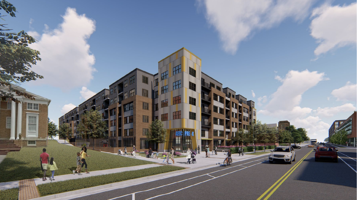 A rendering of the 300 East Main Street mixed-use affordable housing development in downtown Durham.
