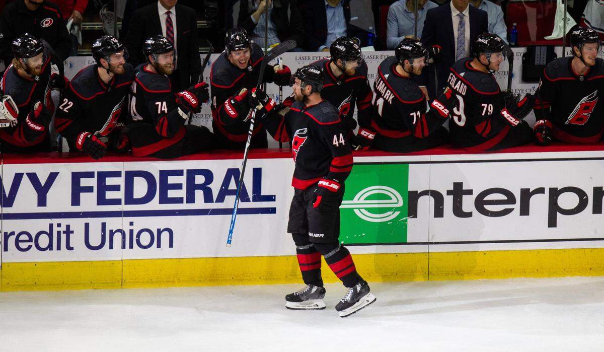Carolina’s Calvin de Haan (44) celebrates a goal during the second period of Game 3 of the Eastern Conference Finals Tuesday, May 14, 2019 at PNC Arena in Raleigh, NC.
