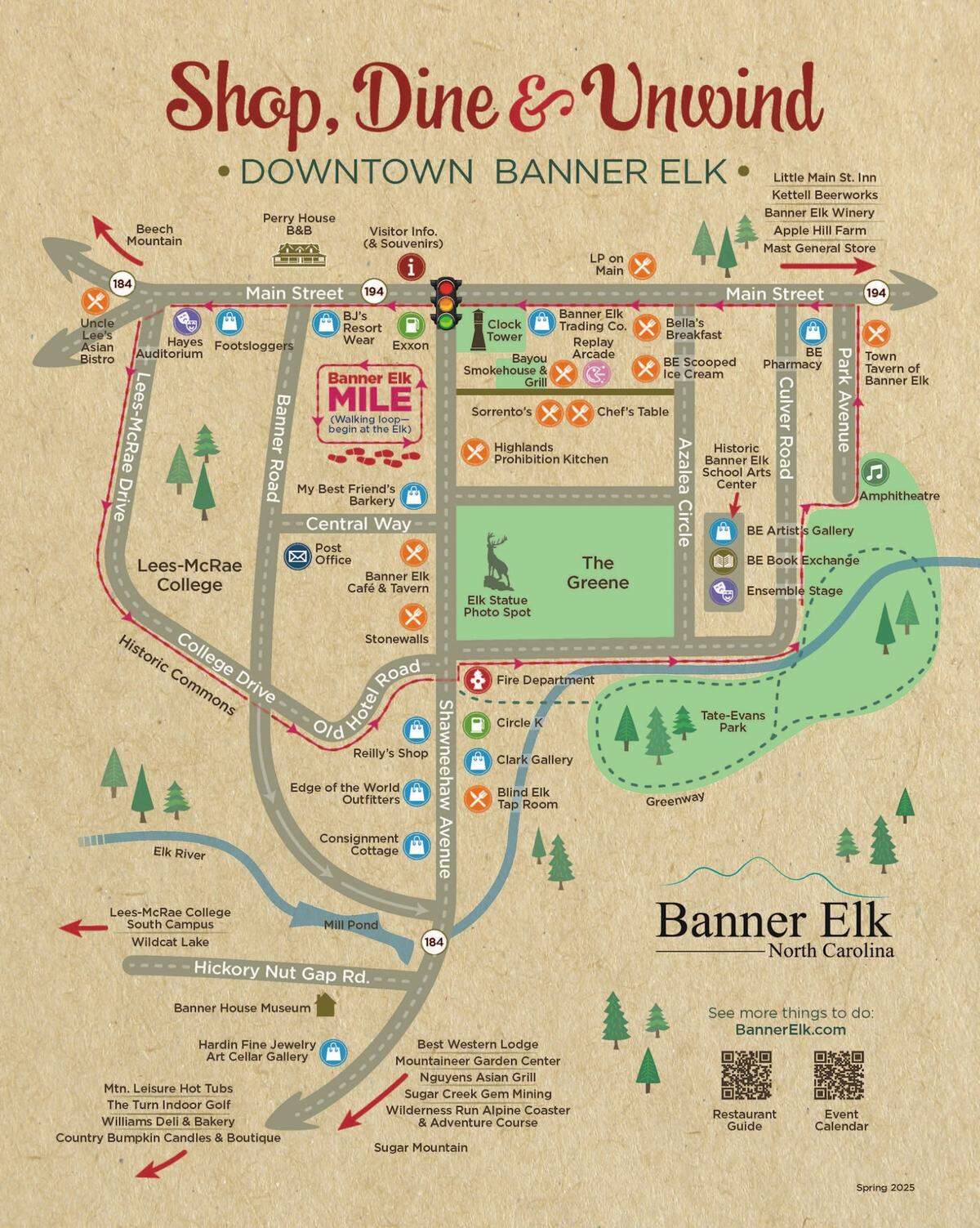 Banner Elk has seen its businesses rebound from the losses of Hurricane Helene. A walking map of the downtown area leads visitors to shops and restaurants.