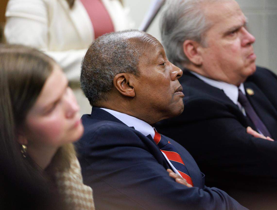 Rep. Abe Jones, a Raleigh Democrat, listens as House Republicans discuss their budget bill during a press conference at the Legislative Building on Tuesday, May 20, 2025, in Raleigh, N.C.