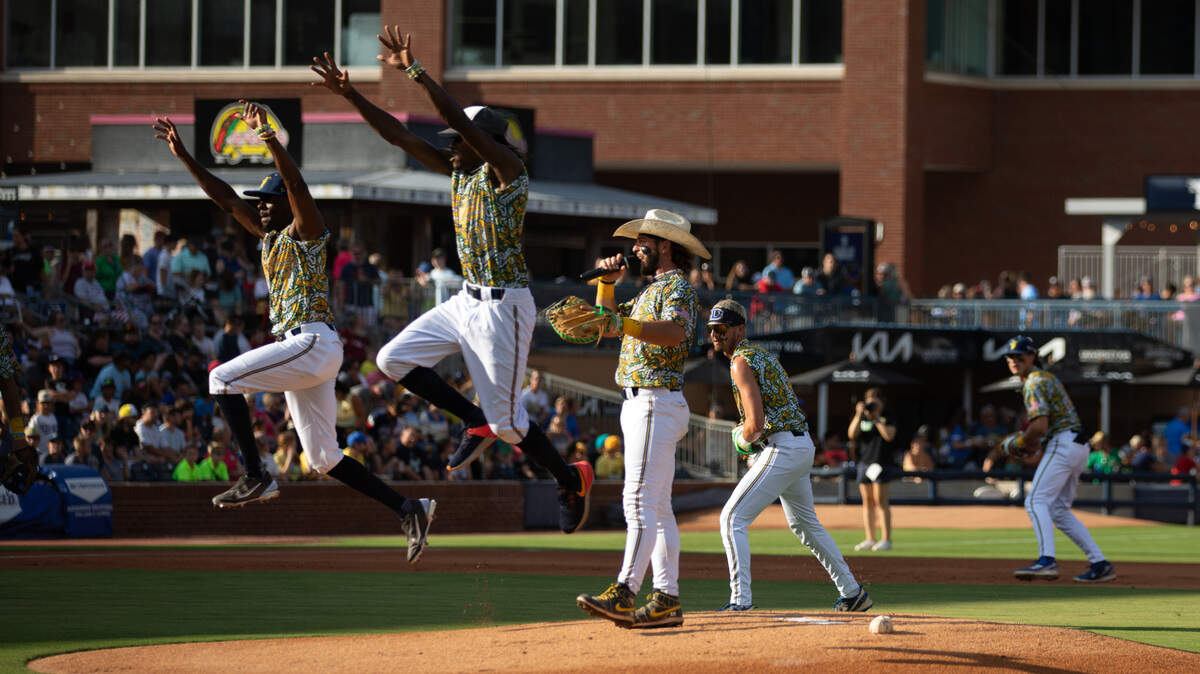The Savannah Bananas perform their pre-game show at Durham Bulls Athletic Park in Durham, N.C. on Friday, July 14, 2023.