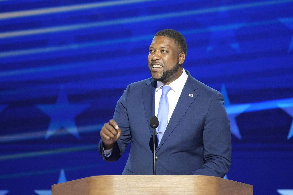 Aug 22, 2024; Chicago, IL, USA; Mayor of Durham, N.C., Leonardo Williams speaks during the final day of the Democratic National Convention at the United Center. Mandatory Credit: Jasper Colt-USA TODAY