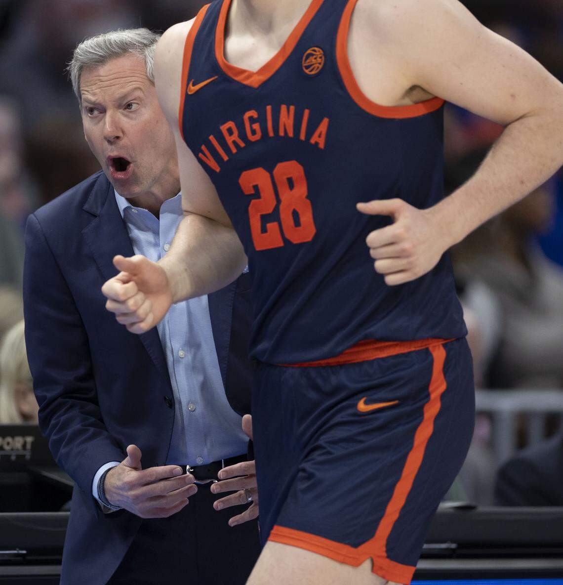 Virginia coach Ryan Odom reacts during the first half against Duke on Saturday, March 14, 2026, during the ACC Tournament Championship at Spectrum Center in Charlotte,  N.C.
