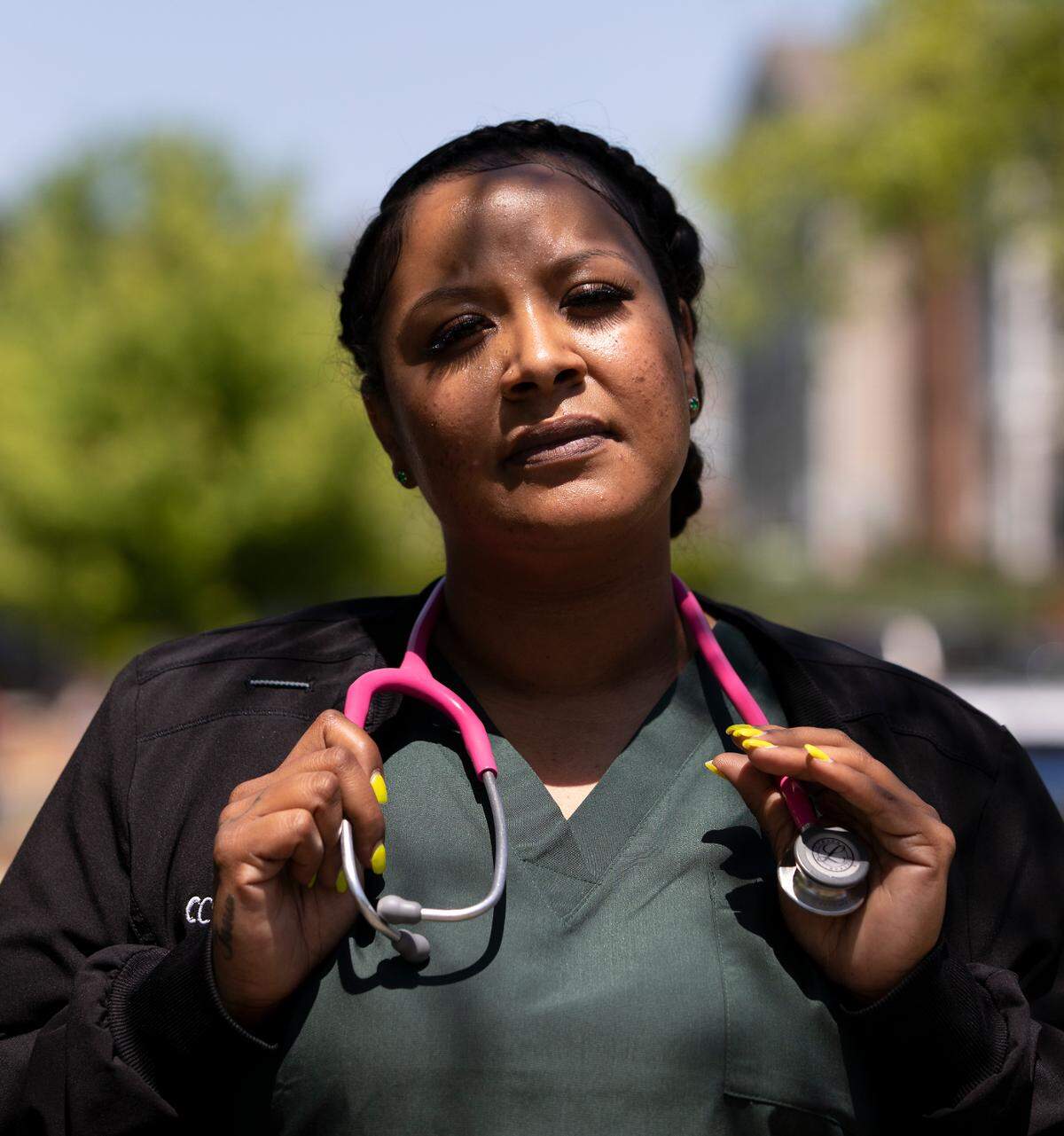Cherrelle Ramsey, 35, a clinical research coordinator, is photographed outside of a vaccine clinic in Raleigh, N.C. on Wednesday, April 27, 2022.