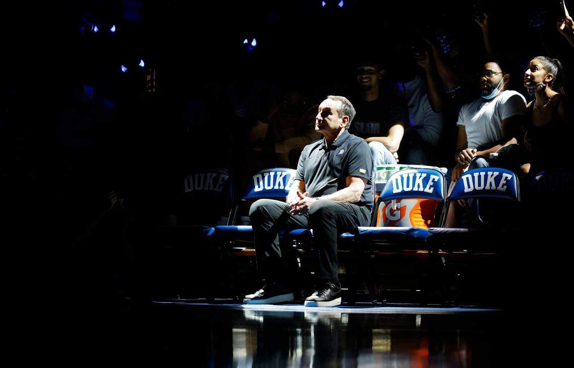 Duke head coach Mike Krzyzewski is introduced during Countdown to Craziness at Cameron Indoor Stadium in Durham, N.C., Friday, October 15, 2021.
