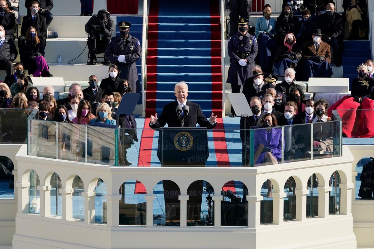 President Joe Biden speaks during the 59th Presidential Inauguration at the U.S. Capitol in Washington, Wednesday, Jan. 20, 2021.