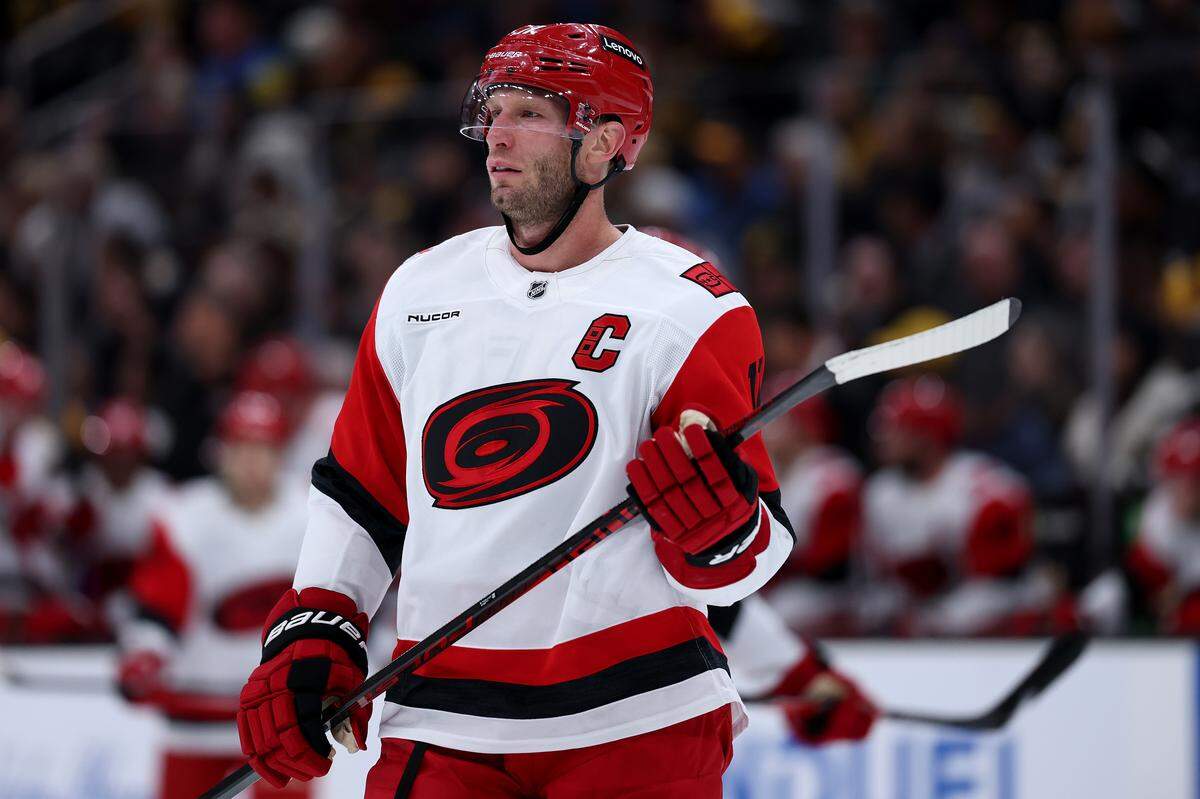 Jordan Staal of the Carolina Hurricanes looks on during the first period against the Boston Bruins at TD Garden on Nov. 17, 2025 in Boston, Massachusetts.