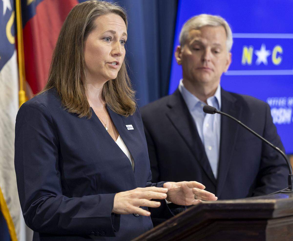 Leslie Cooley Dismukes, Secretary of the NC Department of Adult Corrections, speaks to the critical need to hire more corrections officers, during a press briefing with Governor Josh Stein on Wednesday, May 27, 2026 at the Albemarle Building in Raleigh, N.C.