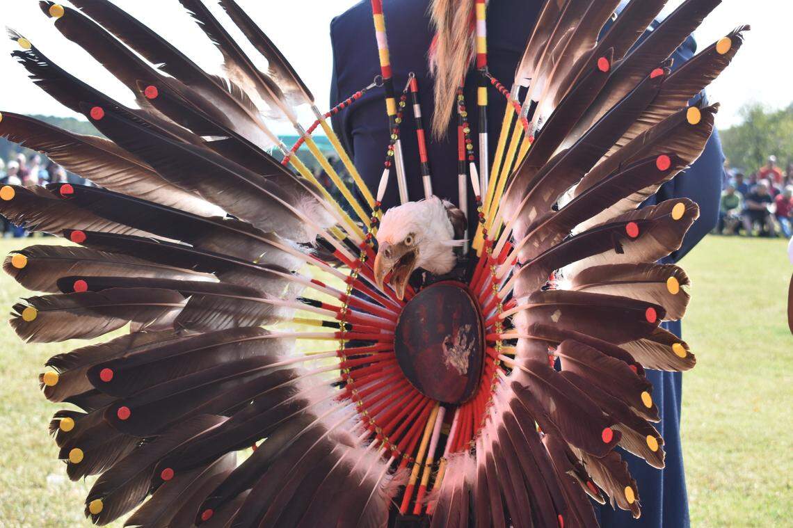 Eagle feathers adorn the outfits worn by many of the pow wow dancers. “We have to take care of our stuff,” said Amanda Ballard. “You can’t buy this at Walmart.”
