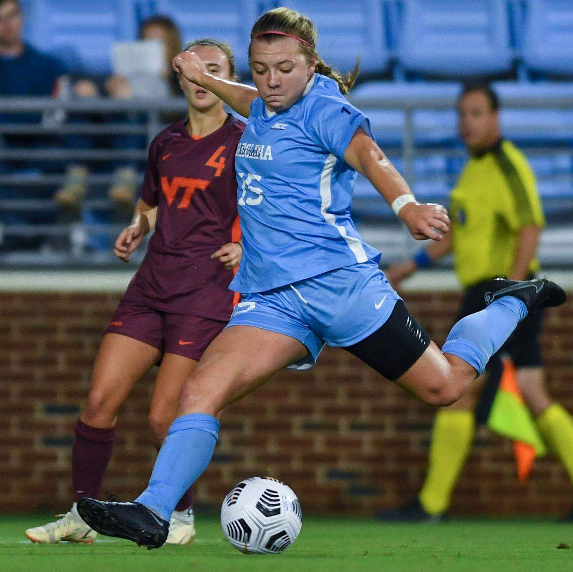 University of North Carolina’s Avery Patterson kicks the ball in front of a Virginia Tech defender during a game at Dorrance Field in Chapel Hill on September 23, 2021. Patterson and the Tar Heels are ready to avenge what they felt was a sub-standard 2021 campaign.
