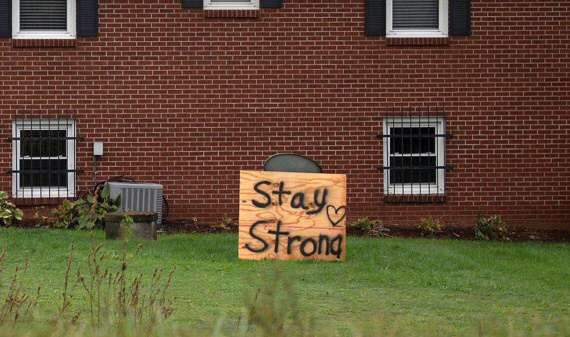 A sign offers encouragement along Highway 421 in Boone, N.C. on Tuesday, Oct. 1, 2024, days after Hurricane Helene brought heavy rain and flooding to the North Carolina mountains.
