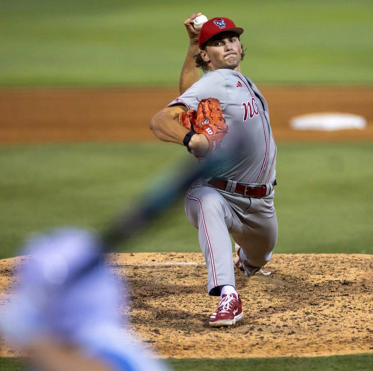 N.C. State pitcher Dominic Fritton (50) works from the mound in the seventh inning against North Carolina’s Kane Kepley on Friday, May 9, 2025 at Boshamer Stadium in Chapel Hill, N.C.