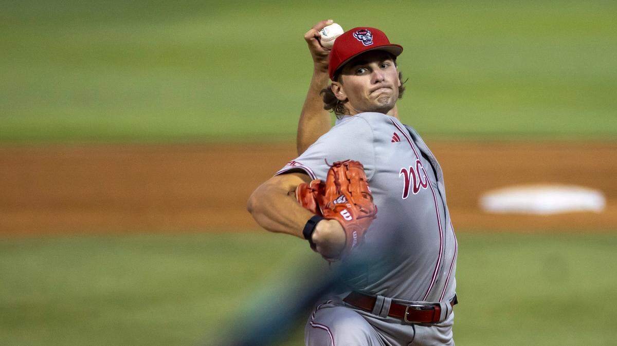 N.C. State pitcher Dominic Fritton (50) works from the mound in the seventh inning against North Carolina’s Kane Kepley on Friday, May 9, 2025 at Boshamer Stadium in Chapel Hill, N.C.