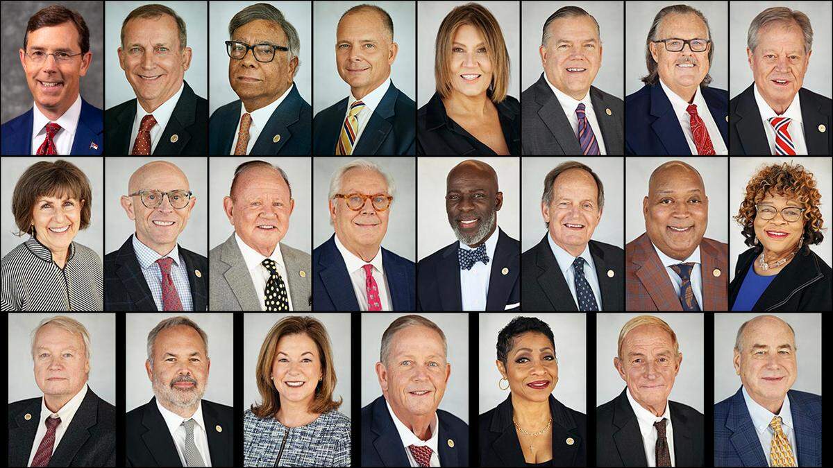 Lee Barnes is visible at top left in this grid of photograph of the UNC Board of Governors from 2024.