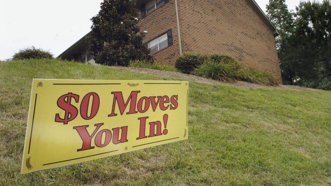 An apartment complex with signs advertising deals, off Hwy. 54 in Orange County....years ago. GenZ-ers can only dream of this sort of a deal nowadays and most are still living with their parents or family, according to RentCafe.