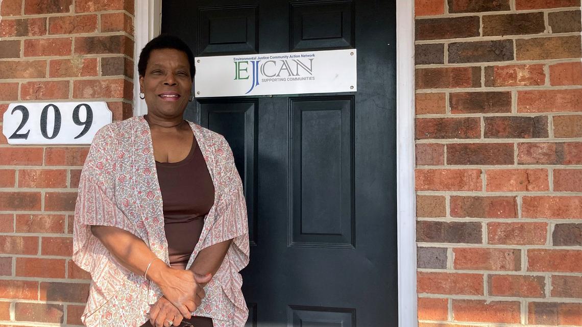Sherri White-Williamson chairs a Department of Environmental Quality advisory board subcommittee that is focused on cumulative impacts from environmental pollution. Here, White-Williamson stands in front of the office of Environmental Justice Community Action Network, a nonprofit she founded in her hometown of Clinton, N.C.