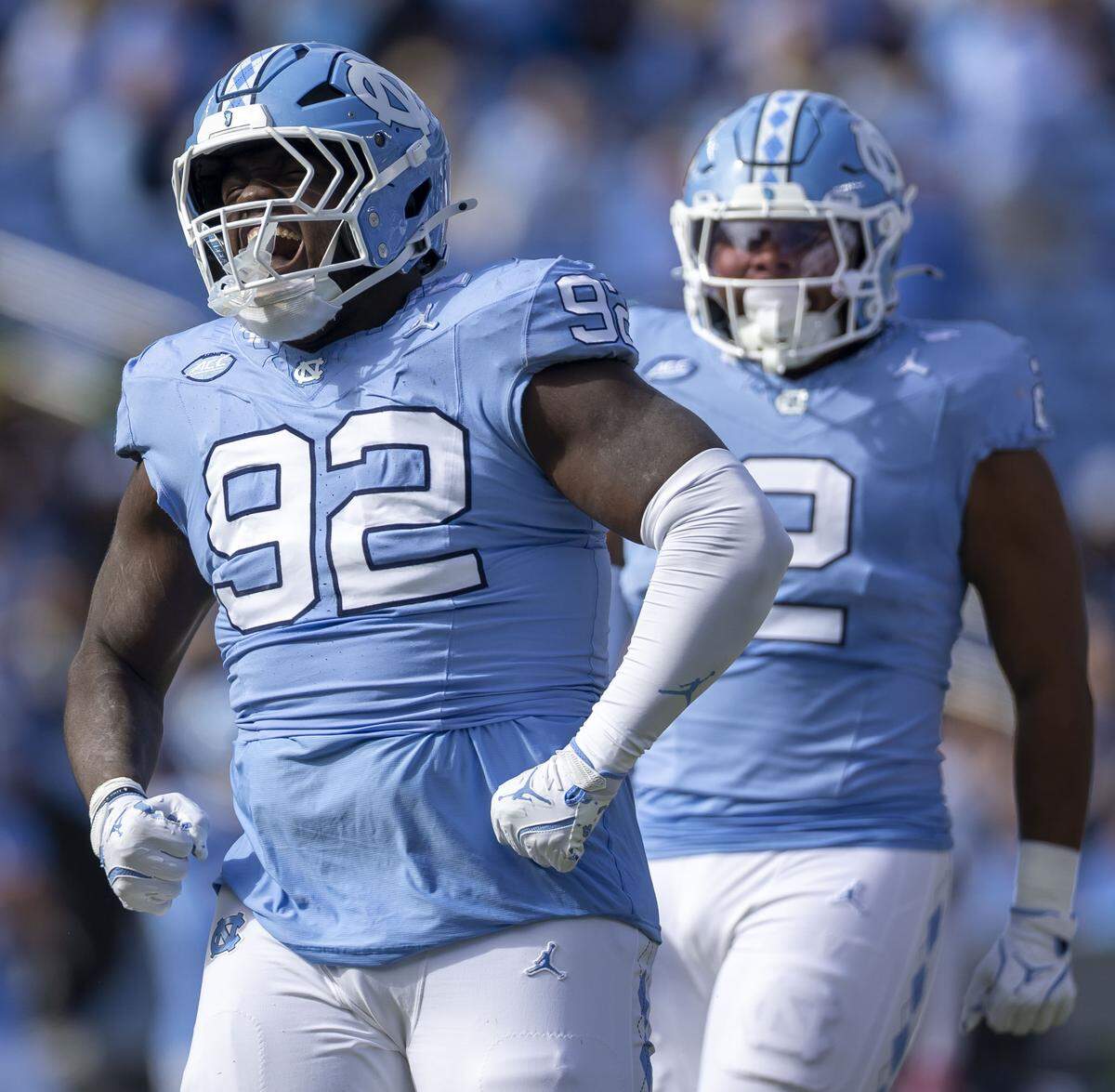 North Carolina defensive lineman C.J. Mims (92) reacts after sacking Virginia quarterback Chandler Morris for a six-yard loss in the first quarter on Saturday, October 25, 2025 at Kenan Stadium in Chapel Hill, N.C.