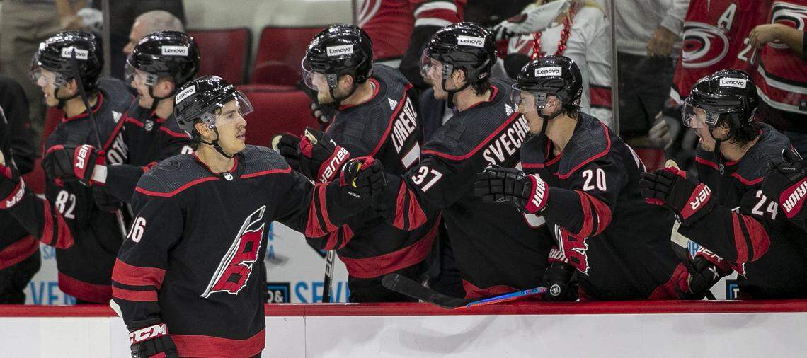 Carolina Hurricaness Tuevo Teravainen (86) skates to the bench after scoring to take a 1-0 lead during the first period against Boston on Saturday, May 14, 2022 during game seven of the Stanley Cup first round at PNC Arena in Raleigh, N.C.