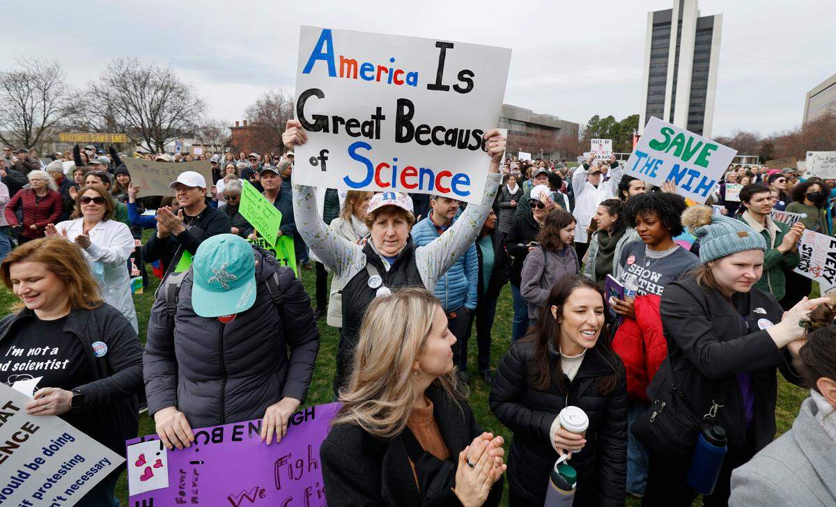Hundreds attend the Stand Up for Science rally at Halifax Mall in Raleigh, N.C., Friday, March 7, 2025. The rally was one of over 30 rallies across the country to protest Pres. Donald Trump and Elon Musk’s cuts of scientific funding and what they consider anti-science orders.