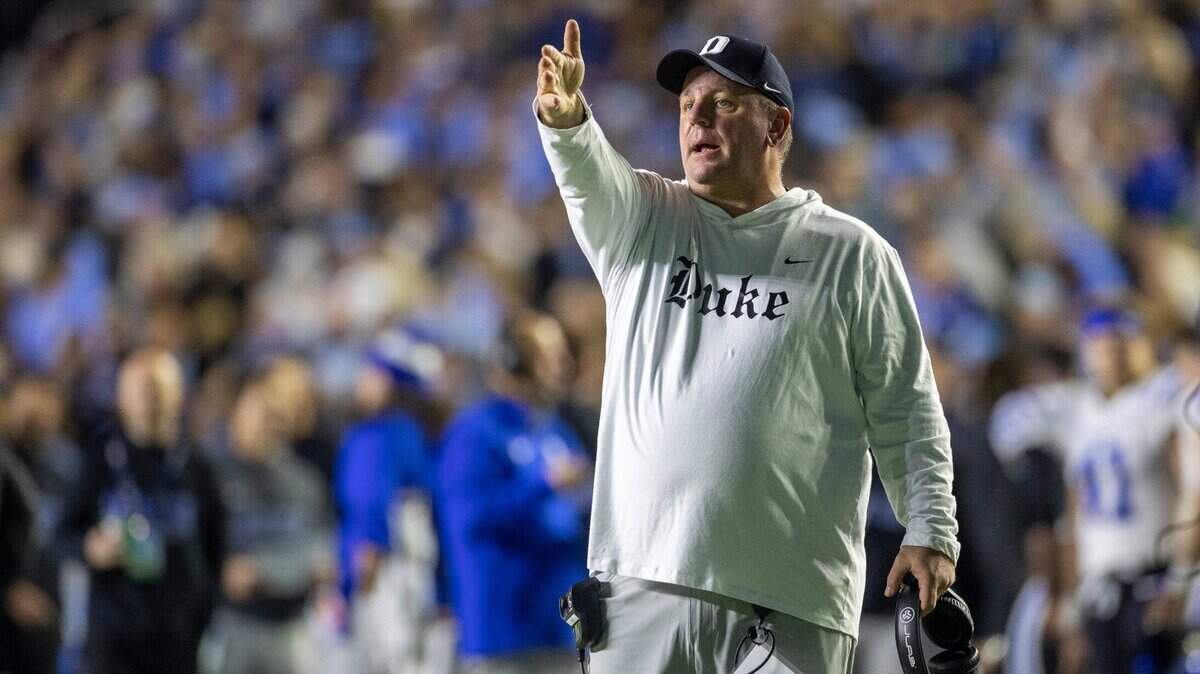 Duke coach Mike Elko directs his team on defense in the first quarter against North Carolina on Saturday, Nov. 11, 2023 at Kenan Stadium in Chapel Hill, N.C.