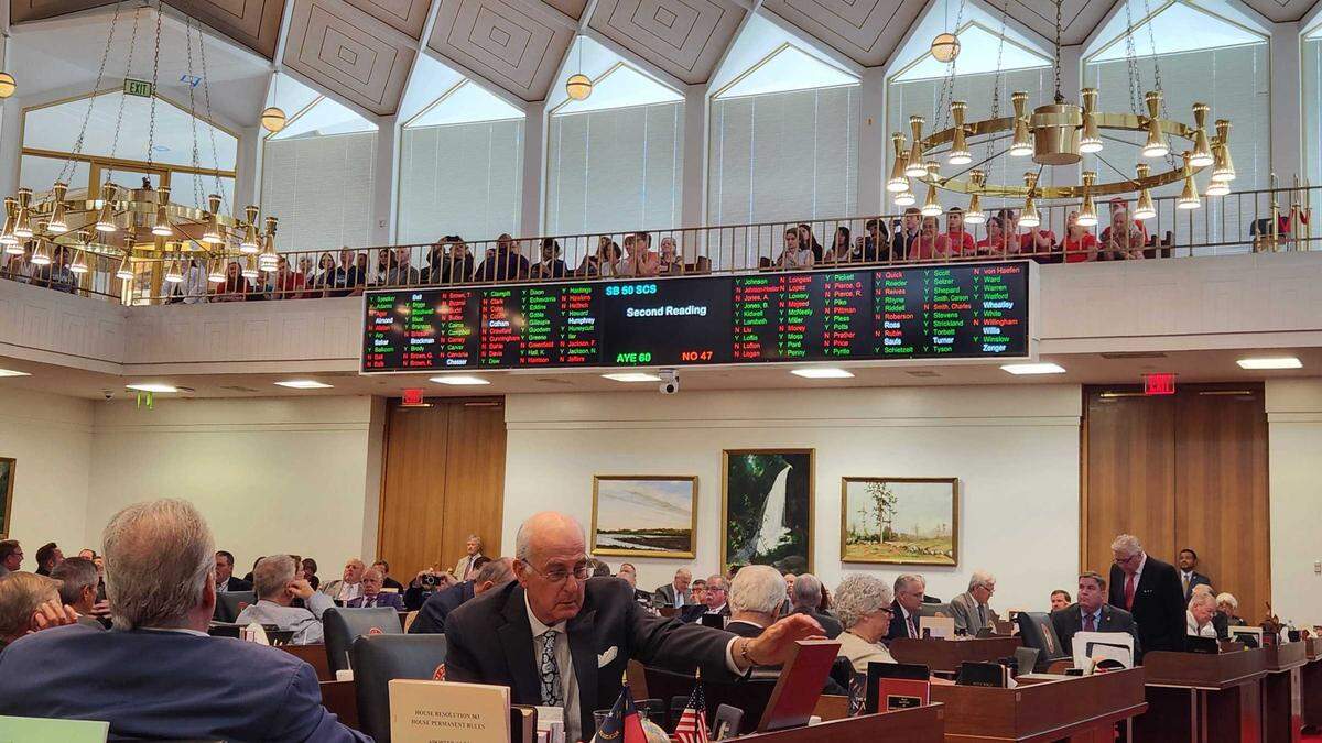 N.C. Republican Rep. Ted Davis, center, votes against Senate Bill 50, which would allow North Carolinians age 18 and older to conceal carry handguns without a permit. The vote behind him, later corrected to 59-48, was on second reading of the bill.