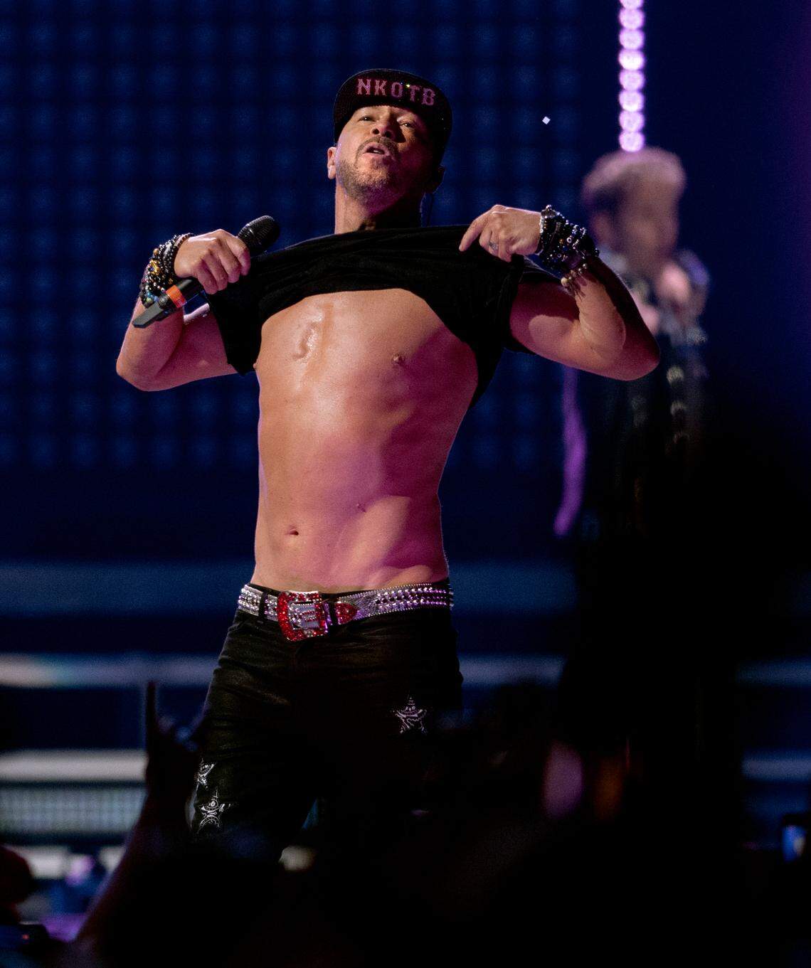 Donnie Walhberg shows off his famous torso with New Kids on the Block in concert on the “Mixtape 2022 Tour” at Raleigh, N.C.’s PNC Arena, Friday night, July 22, 2022.