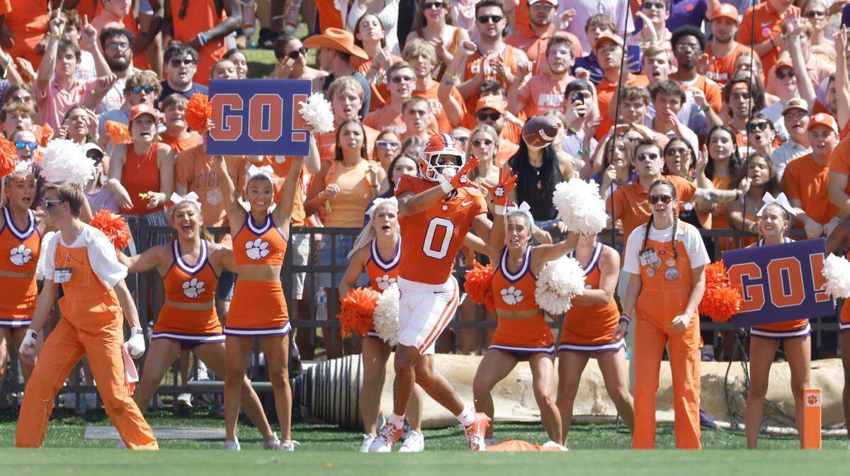 Clemson wide receiver Antonio Williams (0) is wide open as he pulls in a 2-yard touchdown reception during the first half of N.C. State’s game against Clemson at Memorial Stadium in Clemson, S.C., Saturday, Sept. 21, 2024.