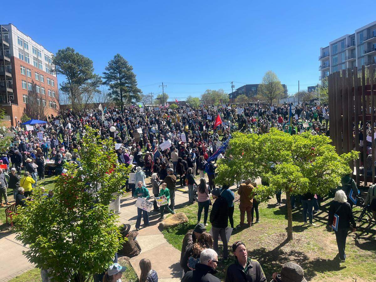 No Kings protesters gather at Durham, N.C.’s Central Park, Saturday morning, March 28, 2026.